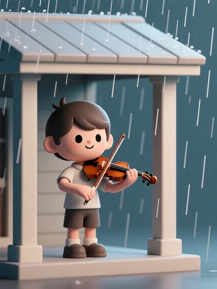 A determined young violinist practices in the rain under a covered porch, undeterred by the storm outside.
