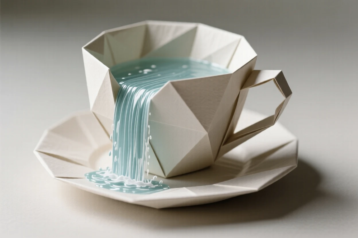 A single teacup overflowing with a tiny waterfall cascading onto a saucer below.