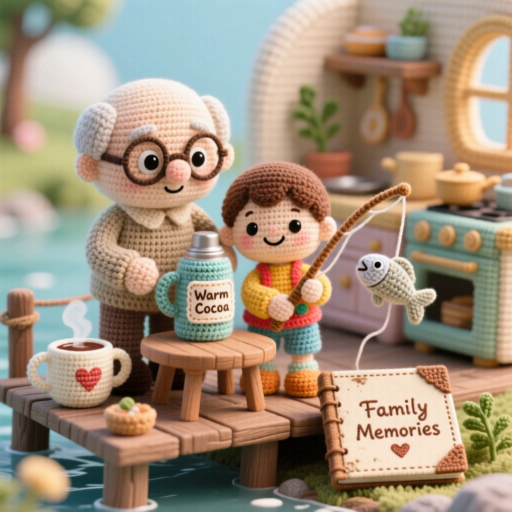 a grandfather and grandchild fishing off a small pier, sharing a thermos of warm cocoa, reeling in a small catch together, in a cozy kitchen filled with the smell of home cooking, with a worn but beloved family photo album, radiating the simple joy of everyday family life.