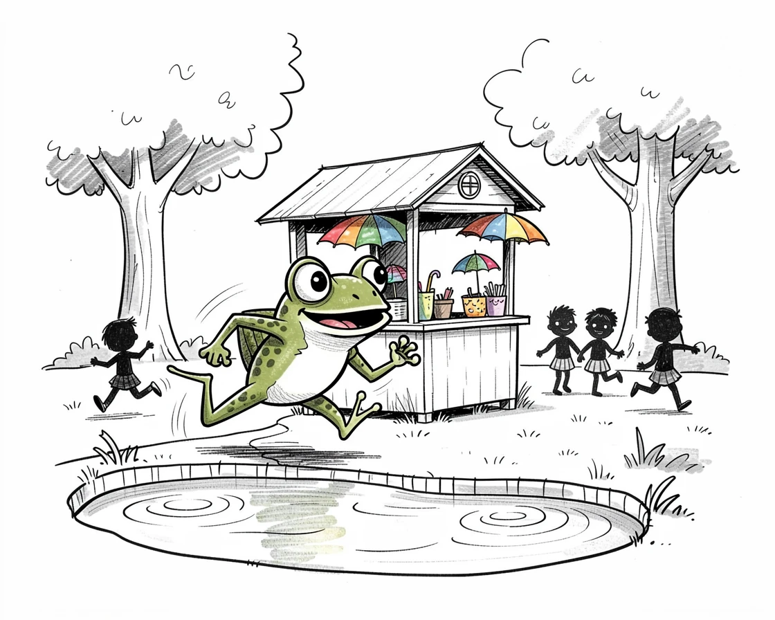 A frog opening a tiny umbrella shop by a pond in a schoolyard during recess.