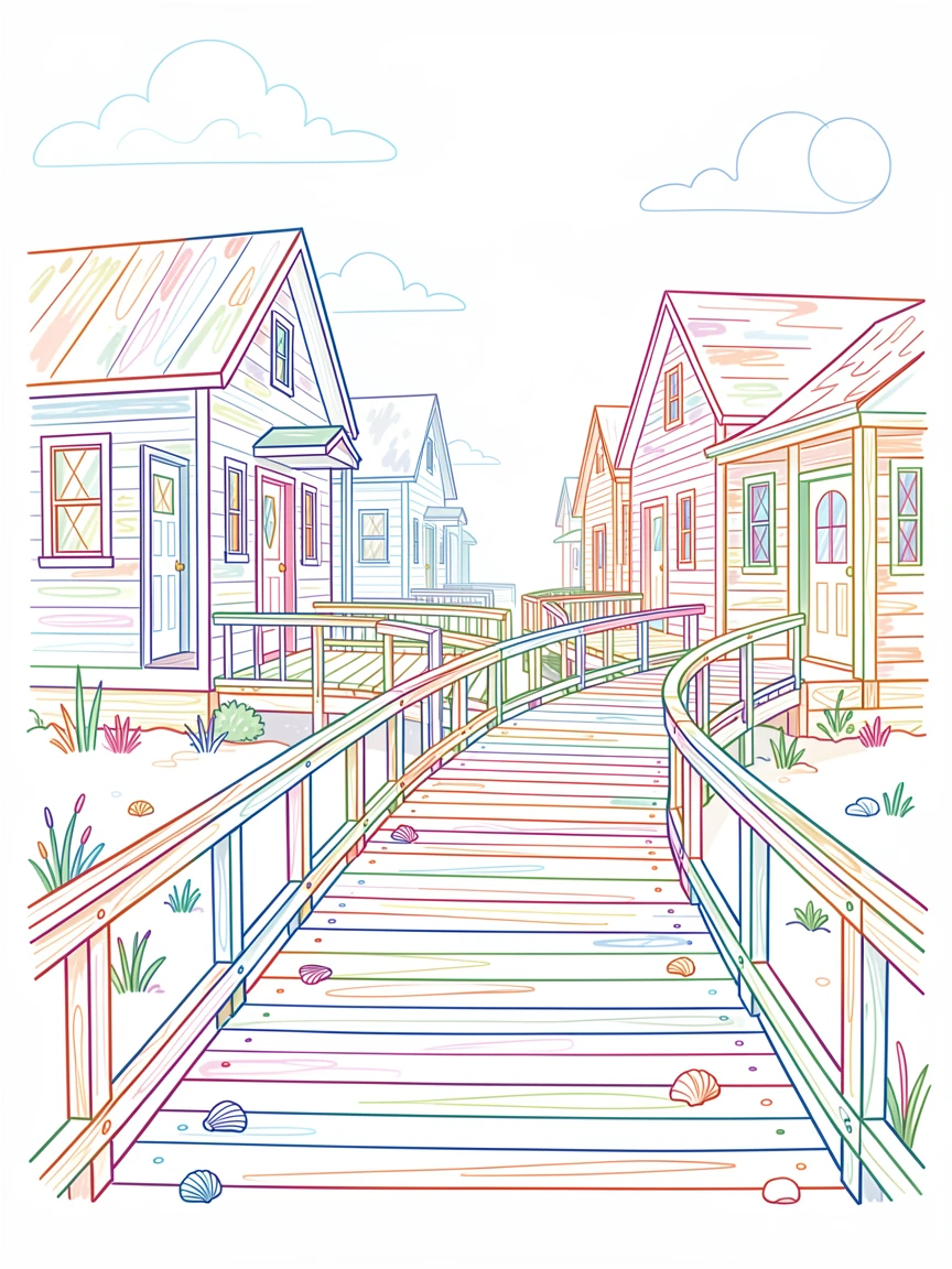 A quiet coastal boardwalk lined with weathered beach cottages.