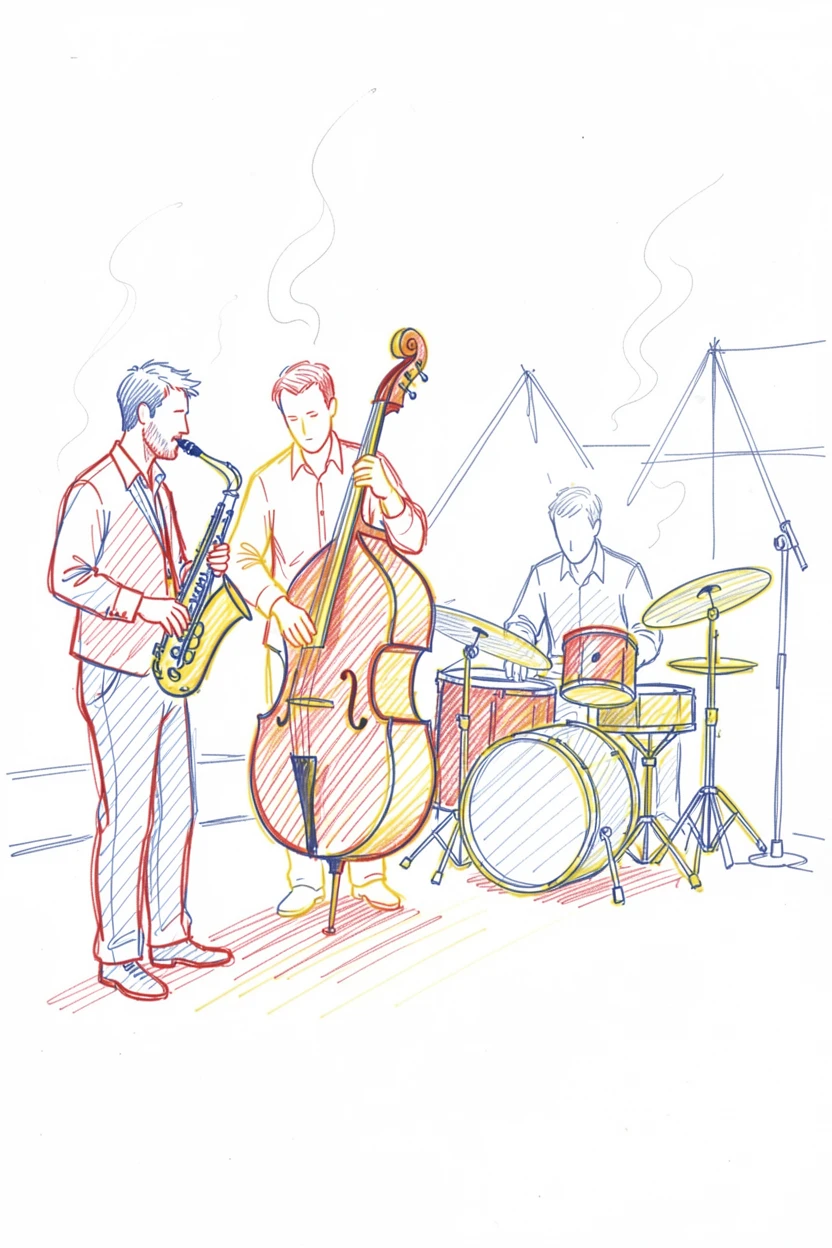 A jazz quartet performing together in a dimly lit, smoky club
