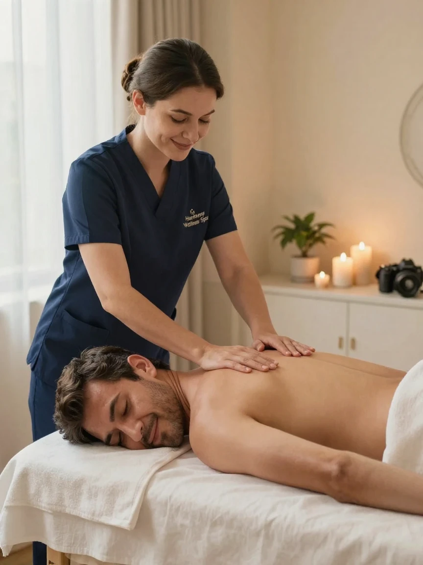 A massage therapist working on a relaxed client