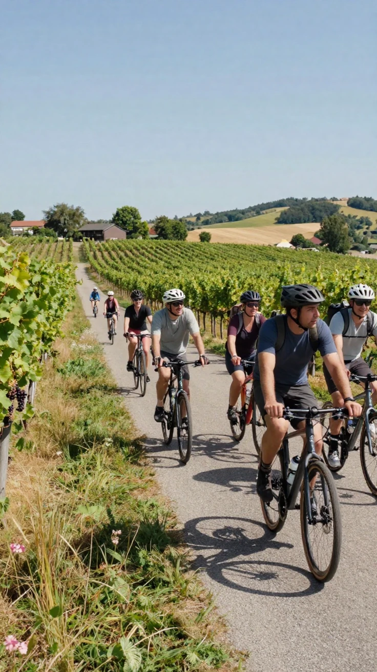 A group of cyclists tours a vineyard on a sunny countryside road.