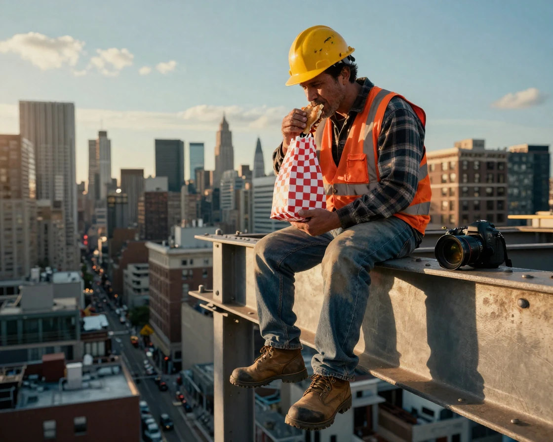 A construction worker eating lunch on a steel beam high above a city skyline