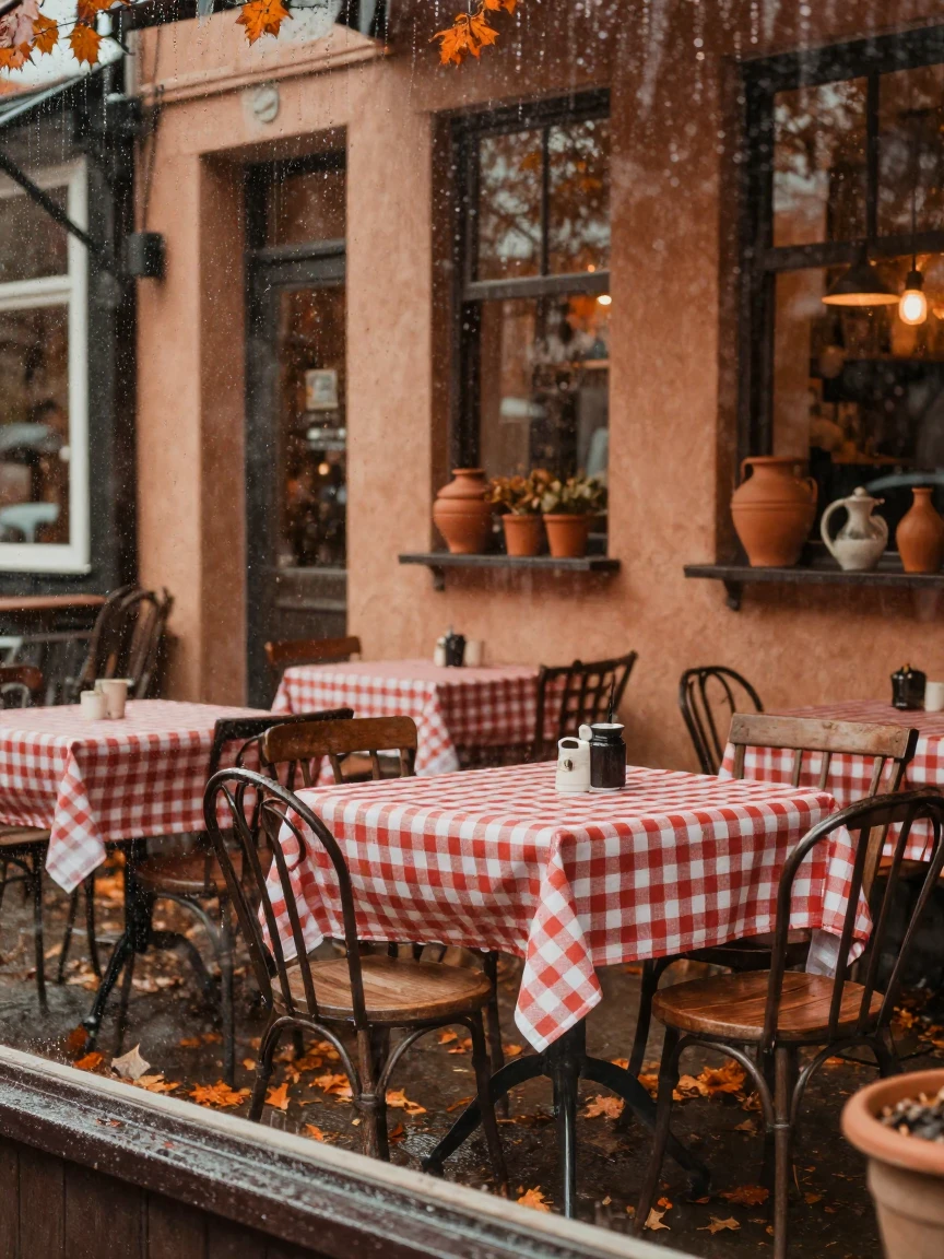 An outdoor café with mismatched chairs and checkered tablecloths, in gentle diffused daylight, under a light drizzle, in late autumn, in earthy terracotta and ochre shades, through a rain-streaked window.