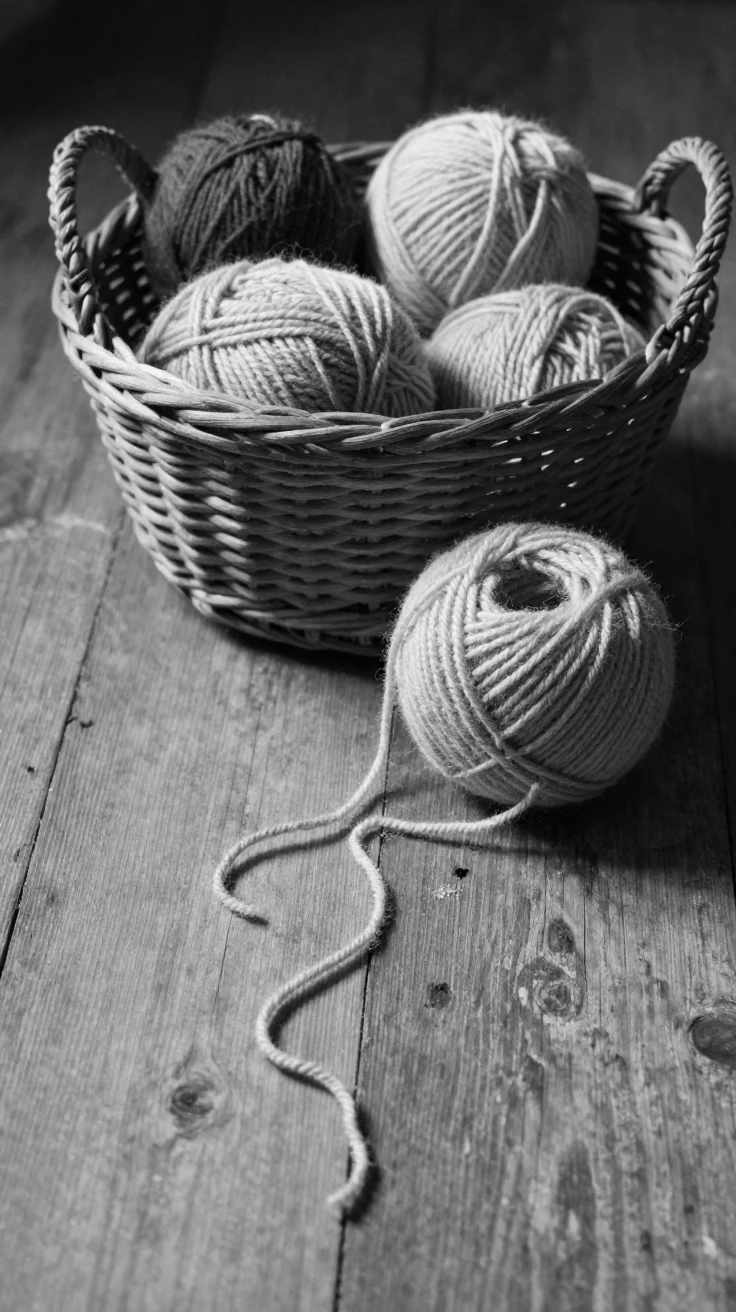 A ball of yarn unravels across a wooden floor near a knitting basket.