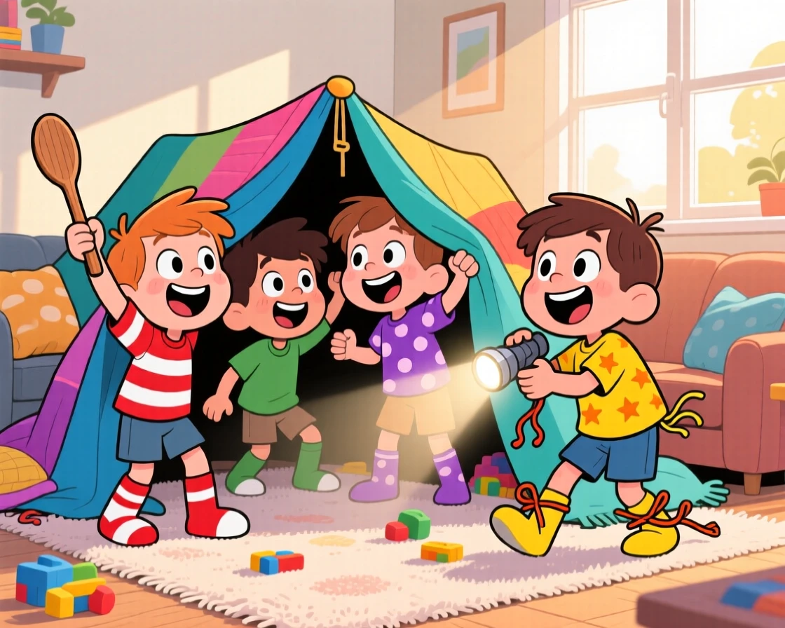 A playful childhood moment of a group of kids building a blanket fort in the living room, with mismatched socks and untied shoelaces.