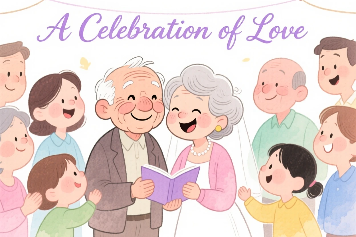 An uplifting, heartwarming moment of an elderly couple renewing their vows surrounded by loved ones