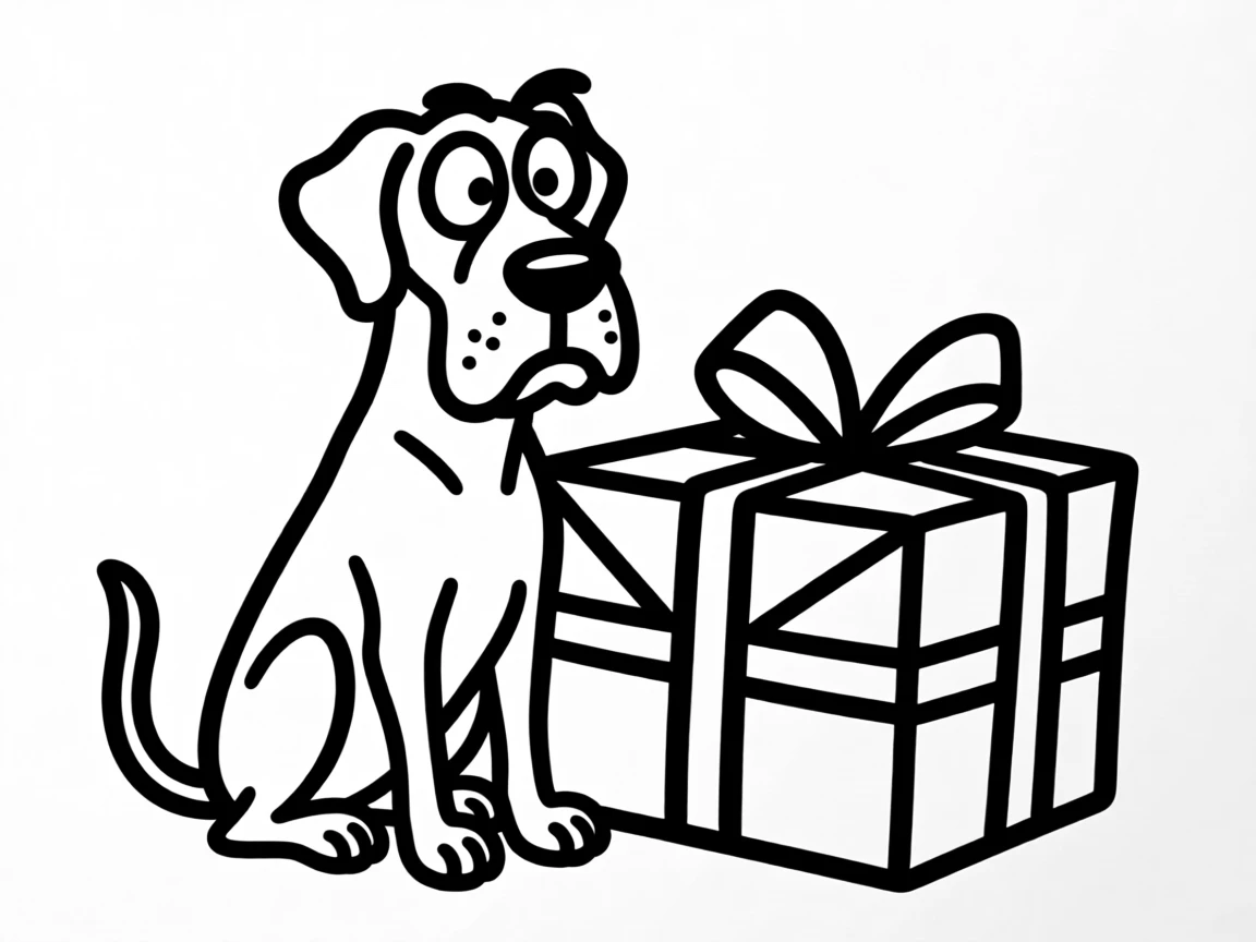 A great dane wearing a knitted holiday sweater, sitting beside a wrapped present twice its size.