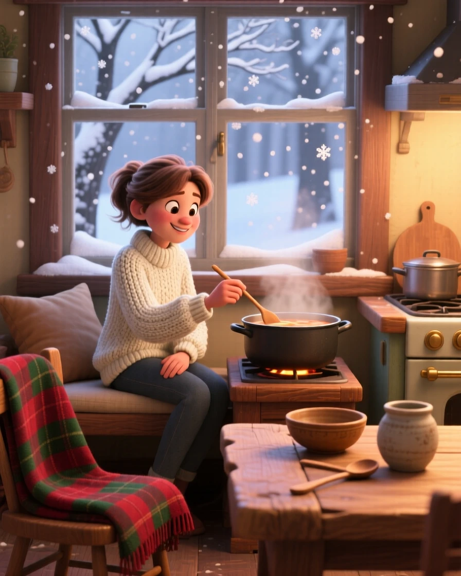 A young woman in a thick knitted sweater sits in a window seat overlooking falling snow, stirring a pot of simmering soup. A deep sense of comfort and quiet contentment fills the room, with a plaid blanket draped over a chair.