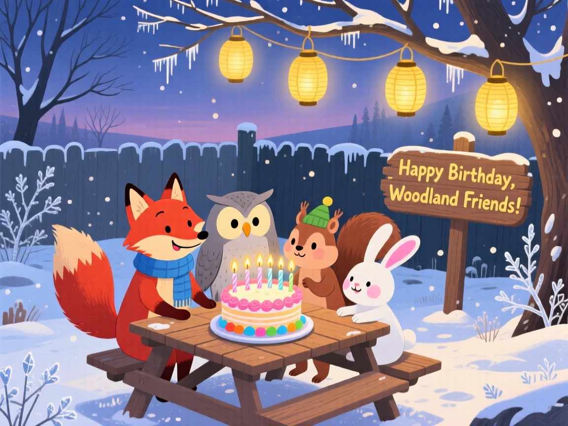 A group of woodland friends spend the evening making a wish while blowing out birthday candles in a frosty backyard, as golden lanterns glow warmly.