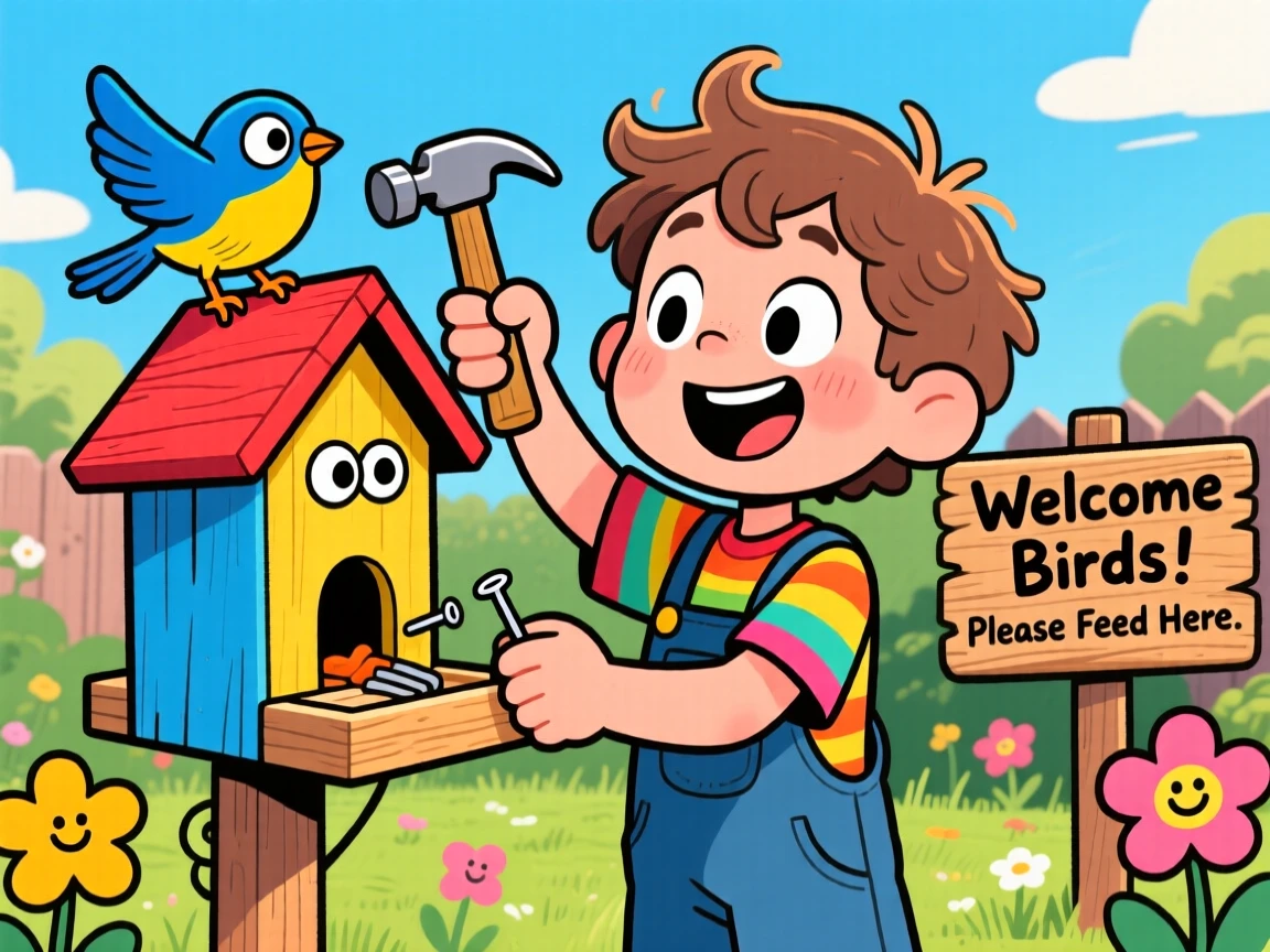 A child building a birdfeeder and watching the first visitor arrive.