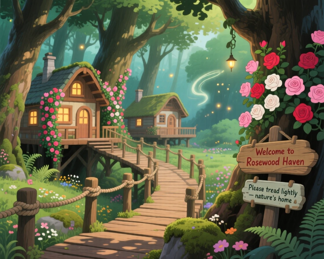 A charming view of a treetop walkway connecting several small wooden cabins, surrounded by climbing roses and untamed gardens.