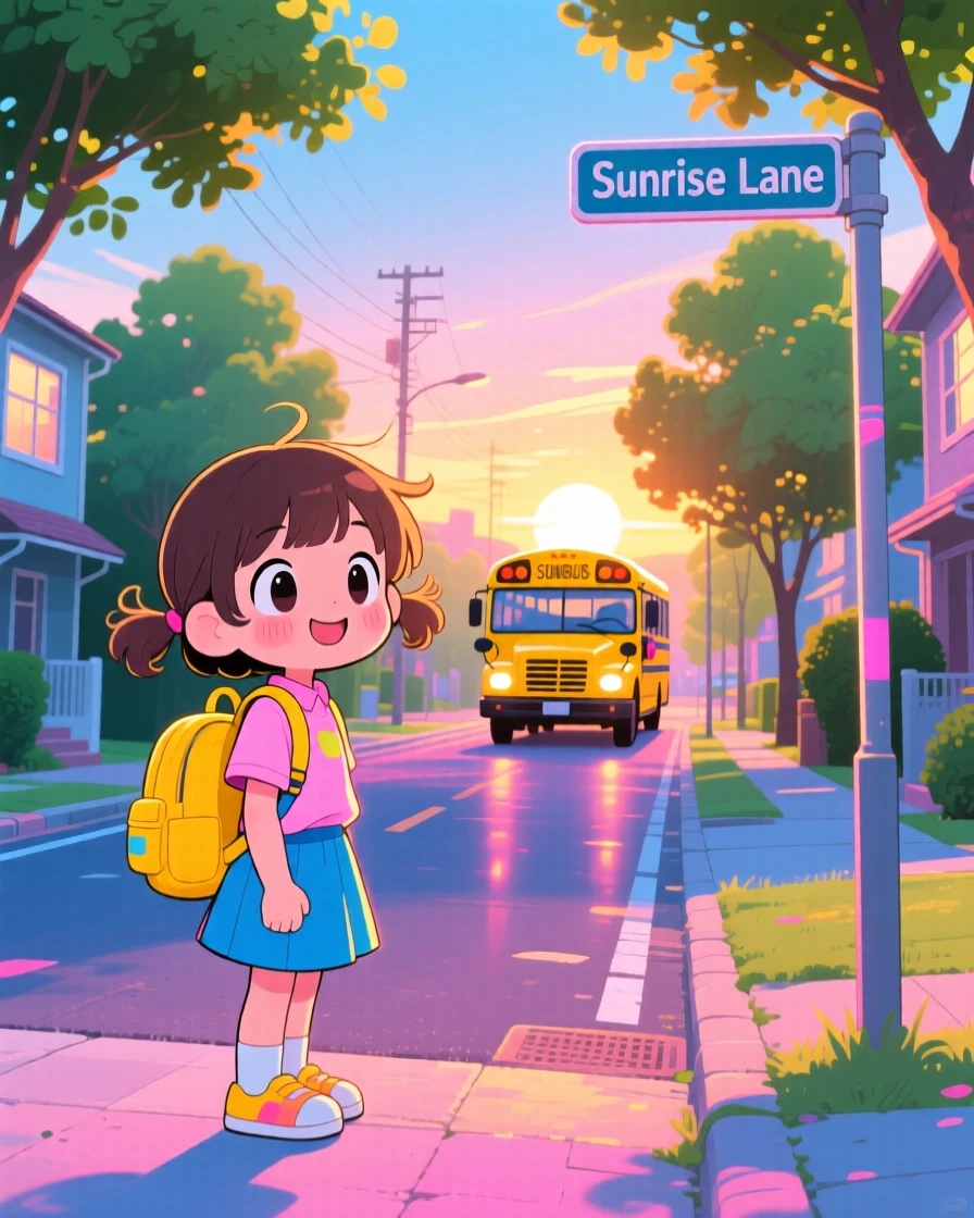 A young girl waiting for the school bus with a backpack, framed as a wide establishing shot within a quiet suburban street at sunrise, during a light summer breeze, glowing under neon-lit glow, evoking playful mischief.