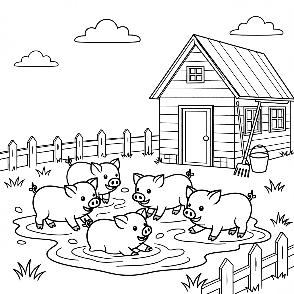 A group of piglets playing in the mud near a farmhouse