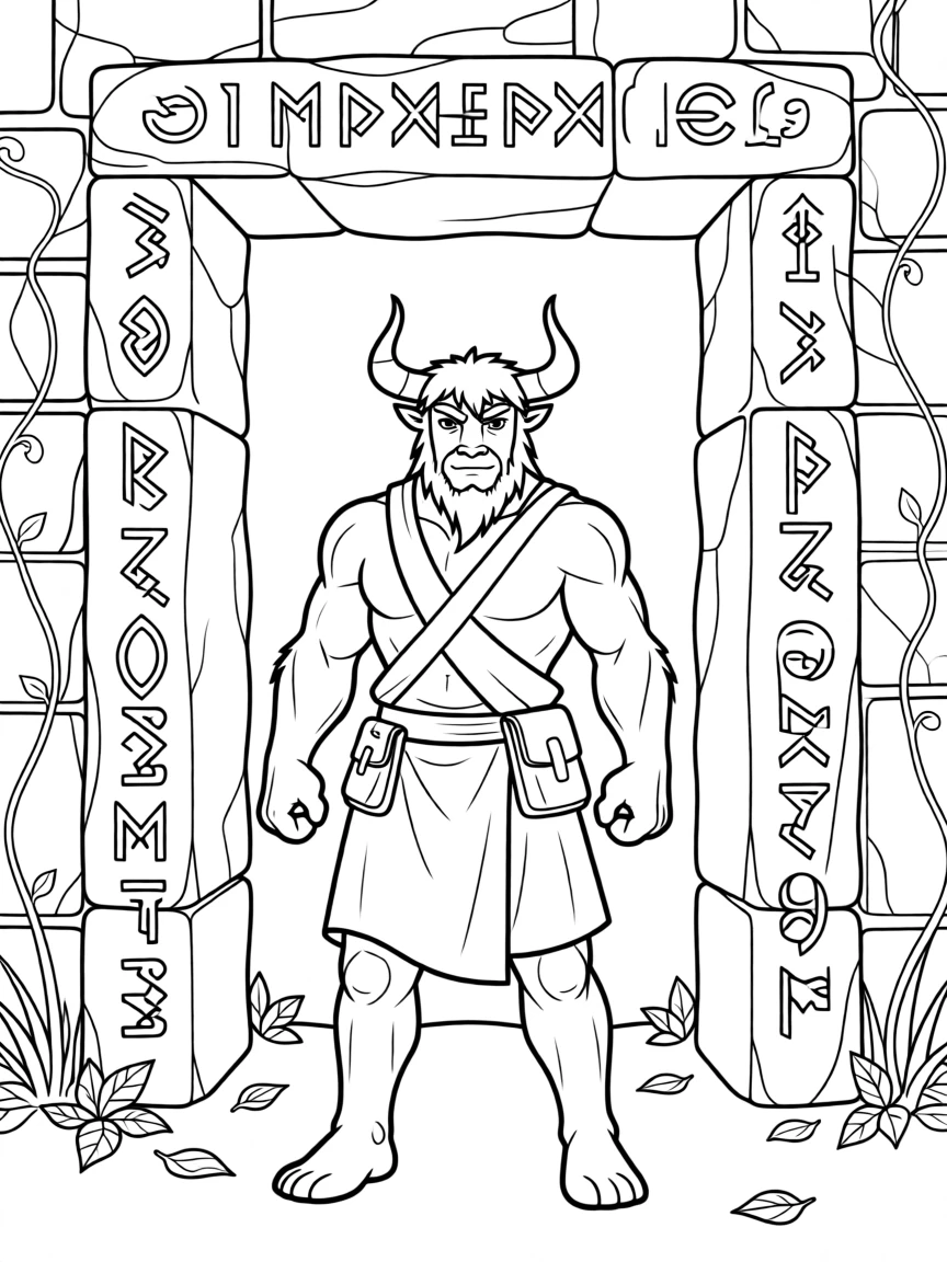 A minotaur standing at the entrance of a labyrinth, with glowing runes etched into the surrounding stones.