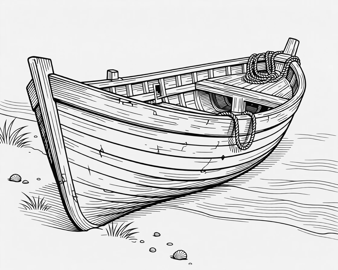 A weathered fishing boat pulled up on a quiet shore