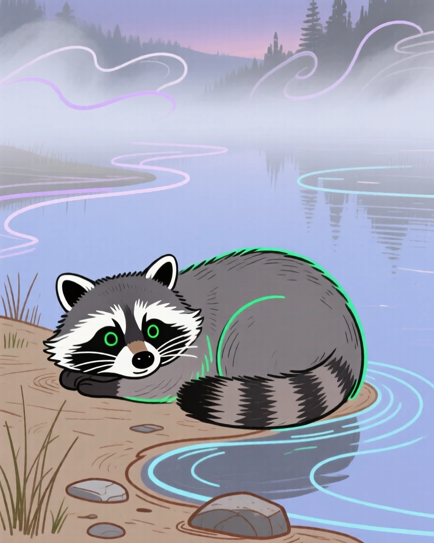 A curious raccoon curled up together beside a still lake as fog rolls in.