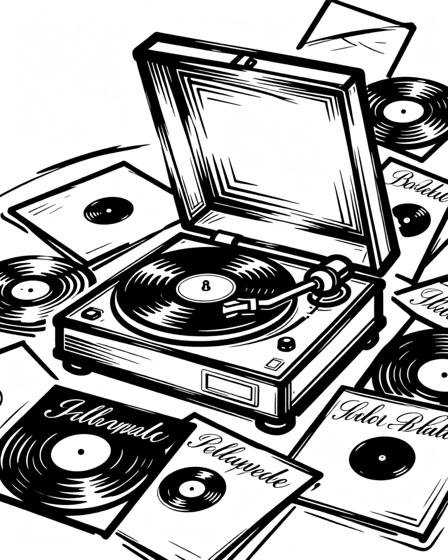 A vintage record player surrounded by a scattered collection of album covers.