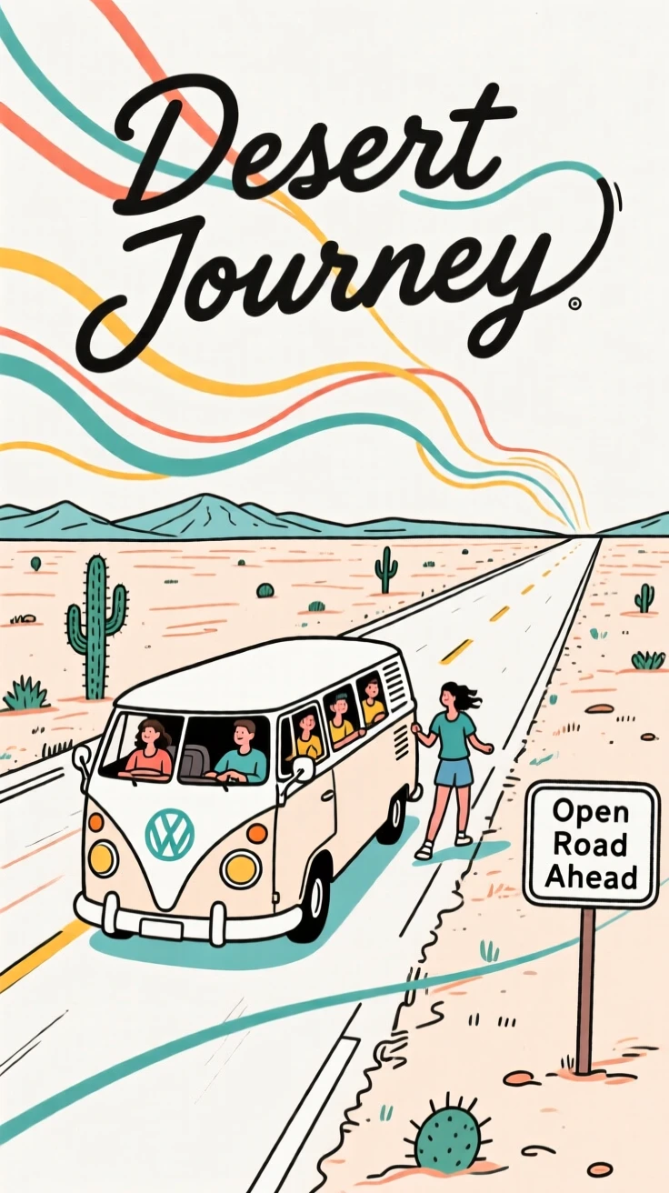 A group of friends road-tripping in a van across an open desert highway.