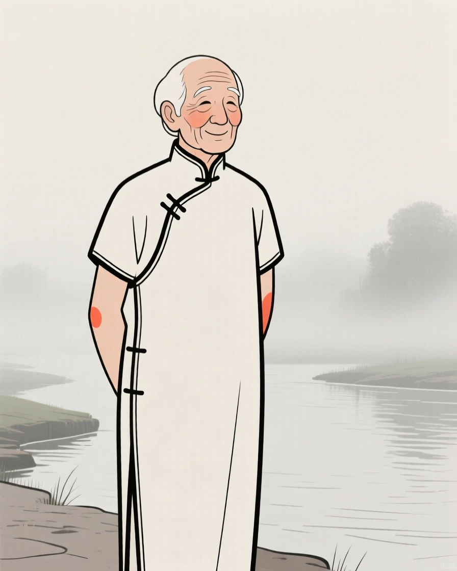 A wise old man of Italian heritage wearing a Chinese qipao, beaming with pride, on a misty riverbank.