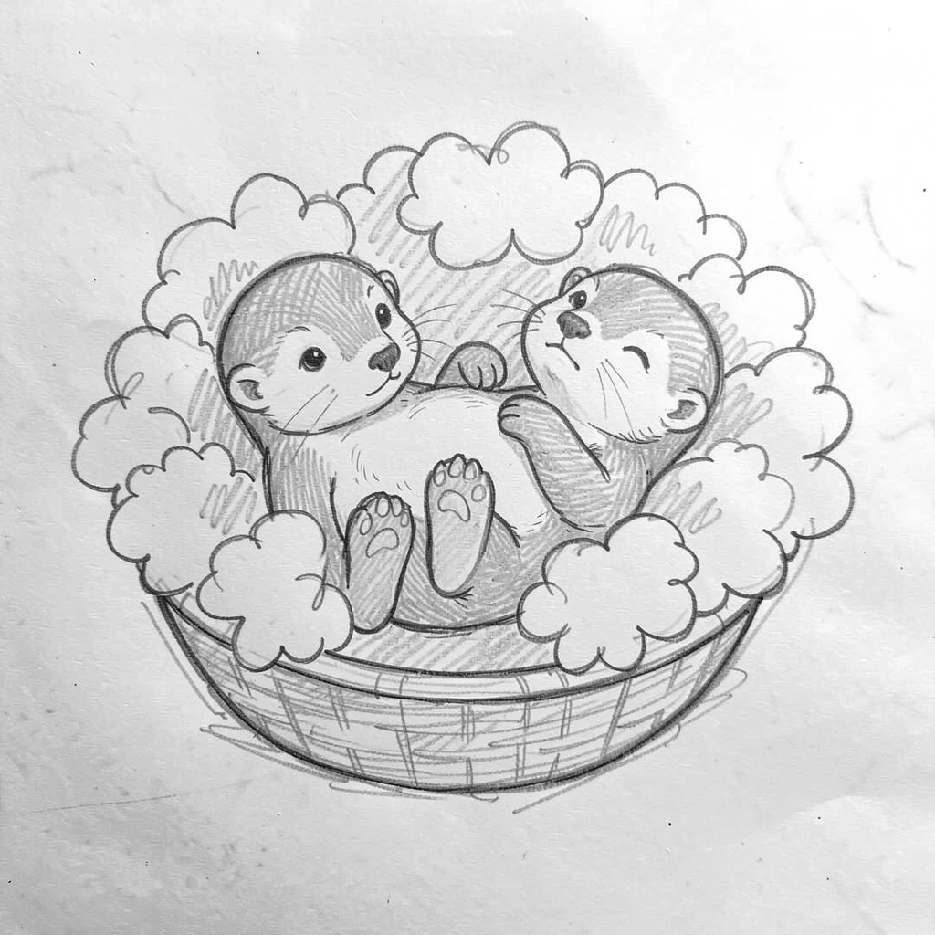 A baby otter floating on its back, in a basket of soft flowers, with tiny paws tucked in close.