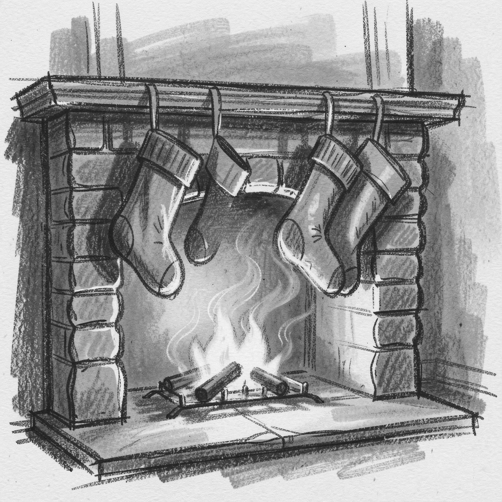 A quiet Christmas morning with stockings by the fireplace, on a quiet, peaceful afternoon.