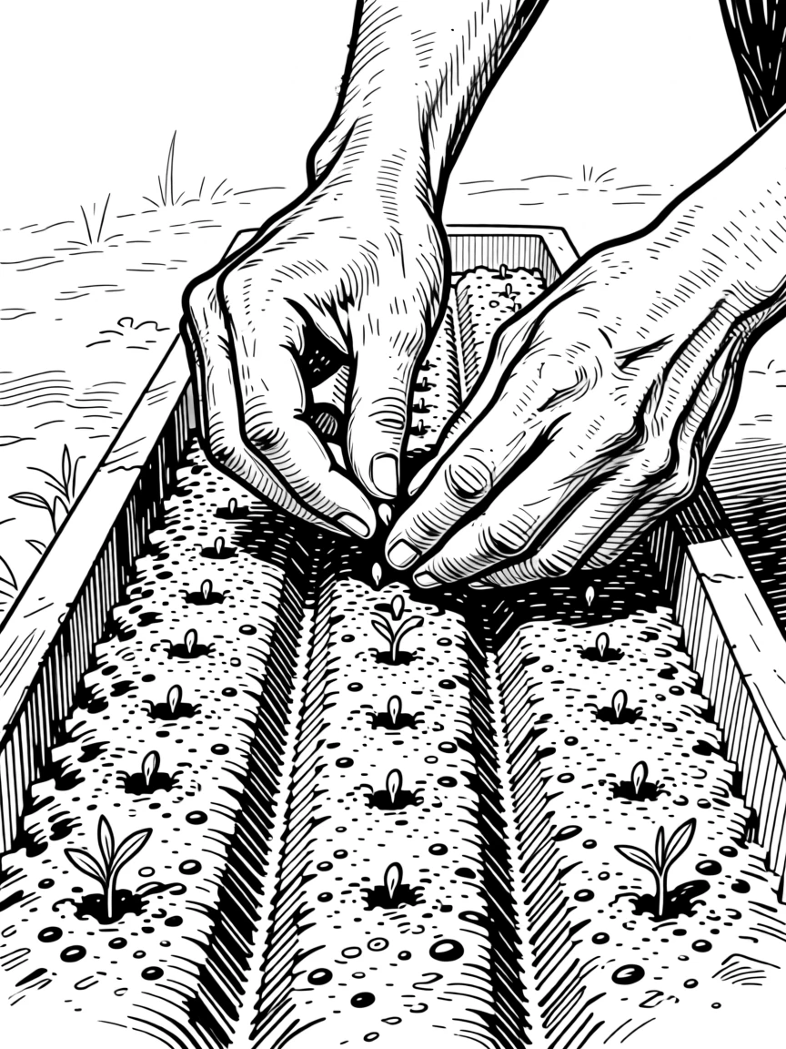 A pair of hands planting seeds in neat rows within a garden bed.