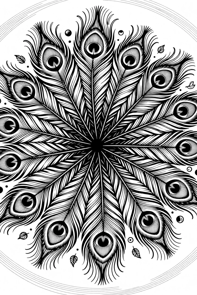 A radial burst of peacock feather patterns arranged in flowing, organic symmetry, with small flourishes filling the negative space, forming a richly ornamental decorative composition.