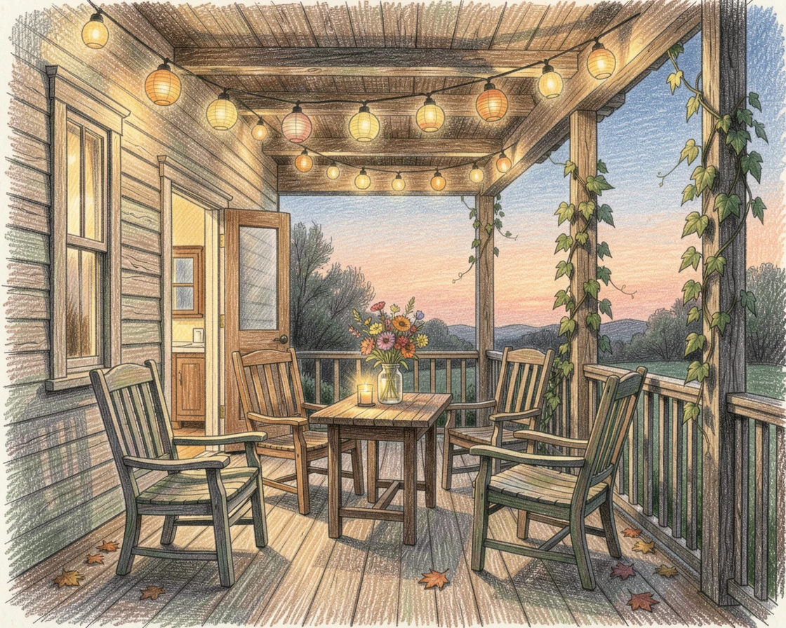 A rural farmhouse veranda strung with lanterns at dusk, framed thoughtfully to draw the eye toward the central subject, celebrating a moment people would love to revisit.