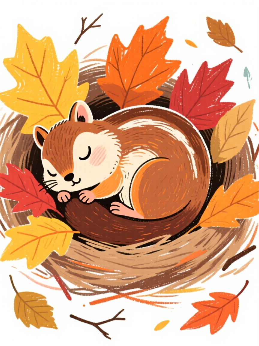 A chipmunk curling up in a nest of dry leaves for winter.