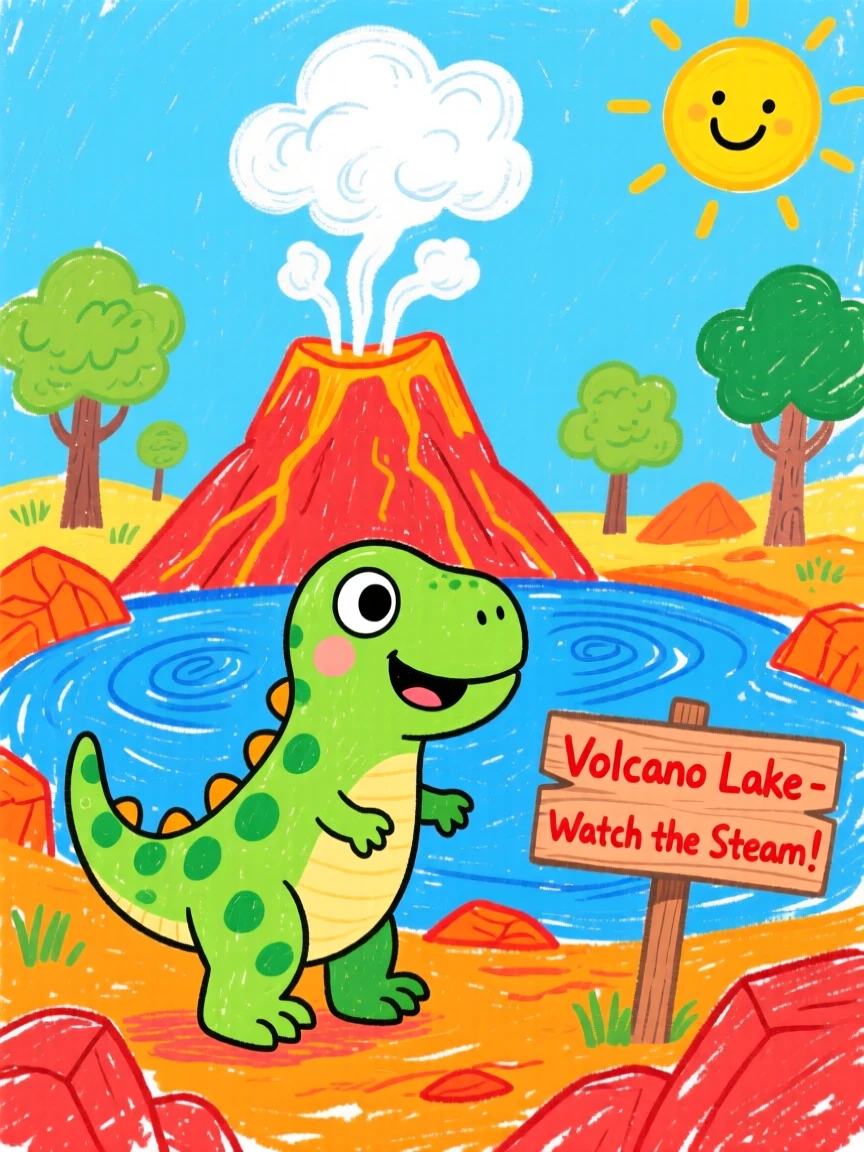 A curious baby velociraptor beside a steaming volcanic lake.