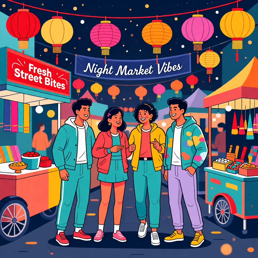 A group of friends at a lively night market filled with lanterns, surrounded by a lively, youthful energy, arranged with a trendy, effortlessly stylish balance, with vibrant, trendy colors that feel fresh and current.