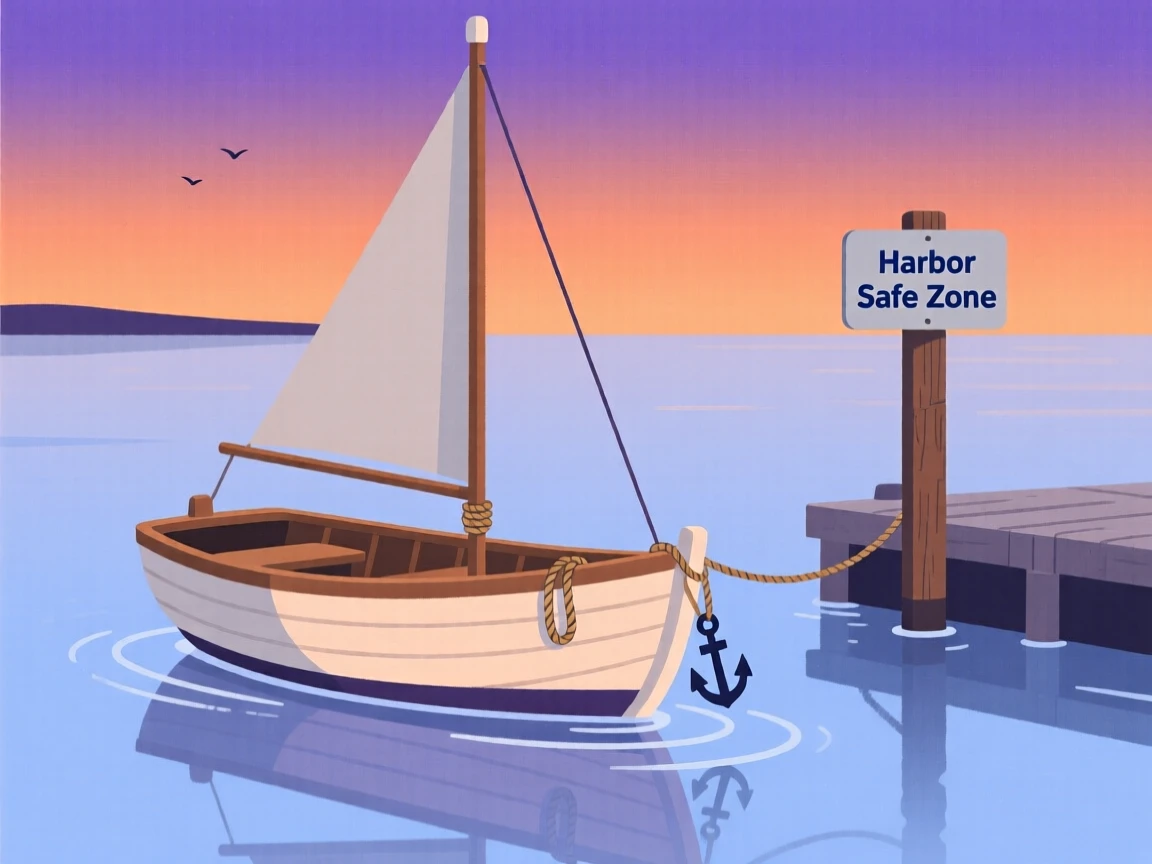 A small boat anchored safely in a calm harbor at dusk.