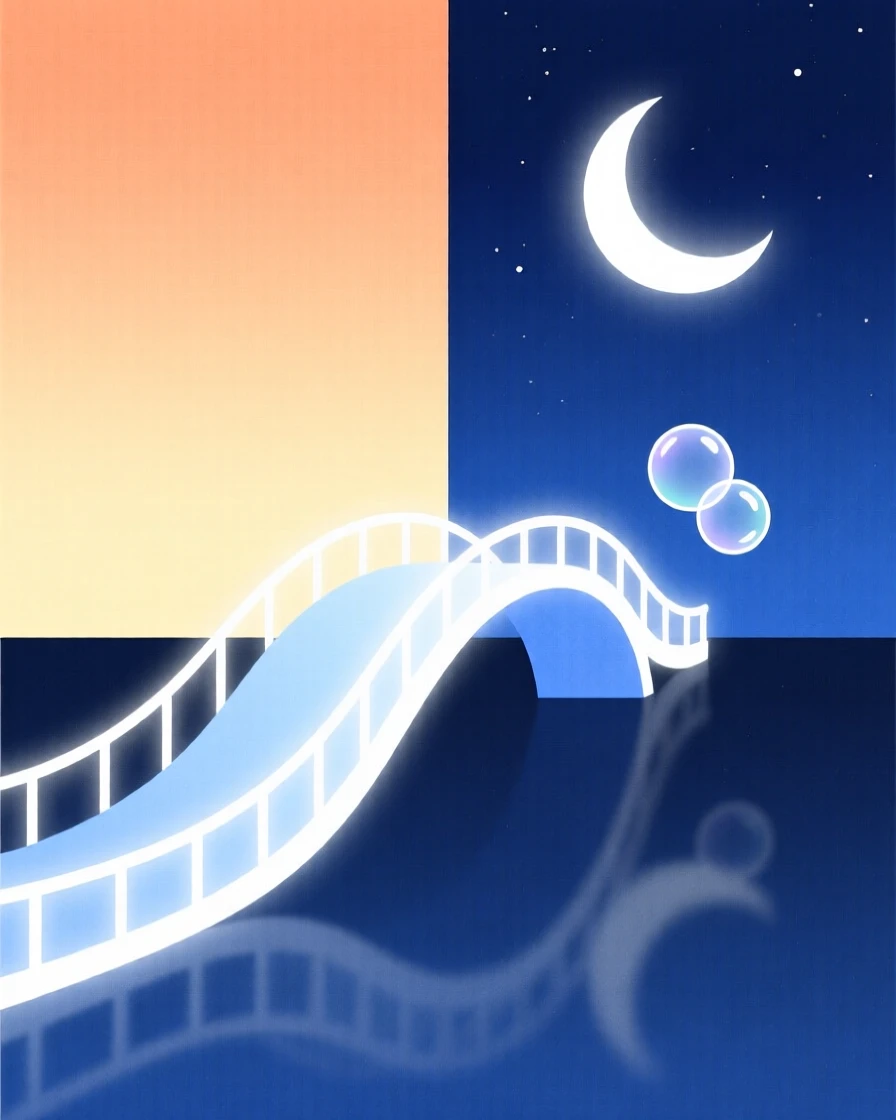 A magical bridge made of moonlight nestled within a horizon where day meets night, glowing near drifting soap bubbles, full of wondrous imagination.