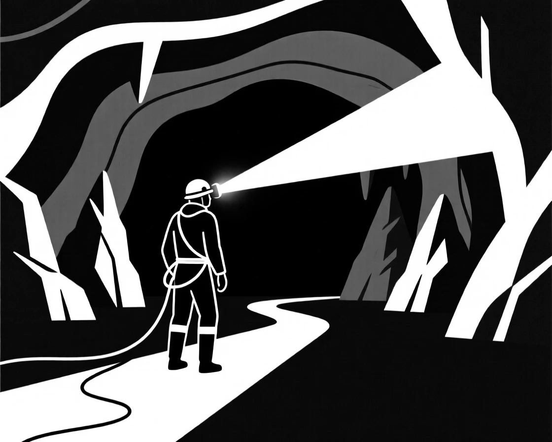 A spelunker exploring a vast underground cavern.