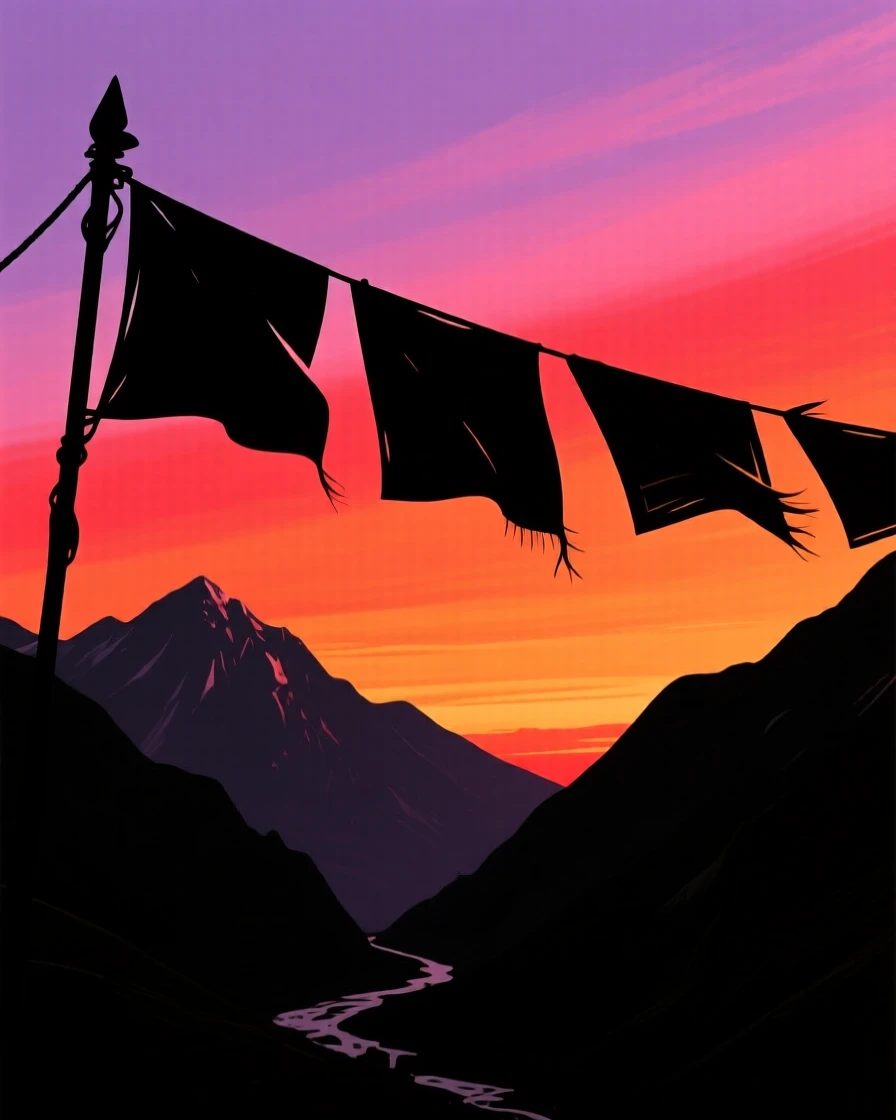 A single set of wind-blown prayer flags fluttering above a mountain pass.