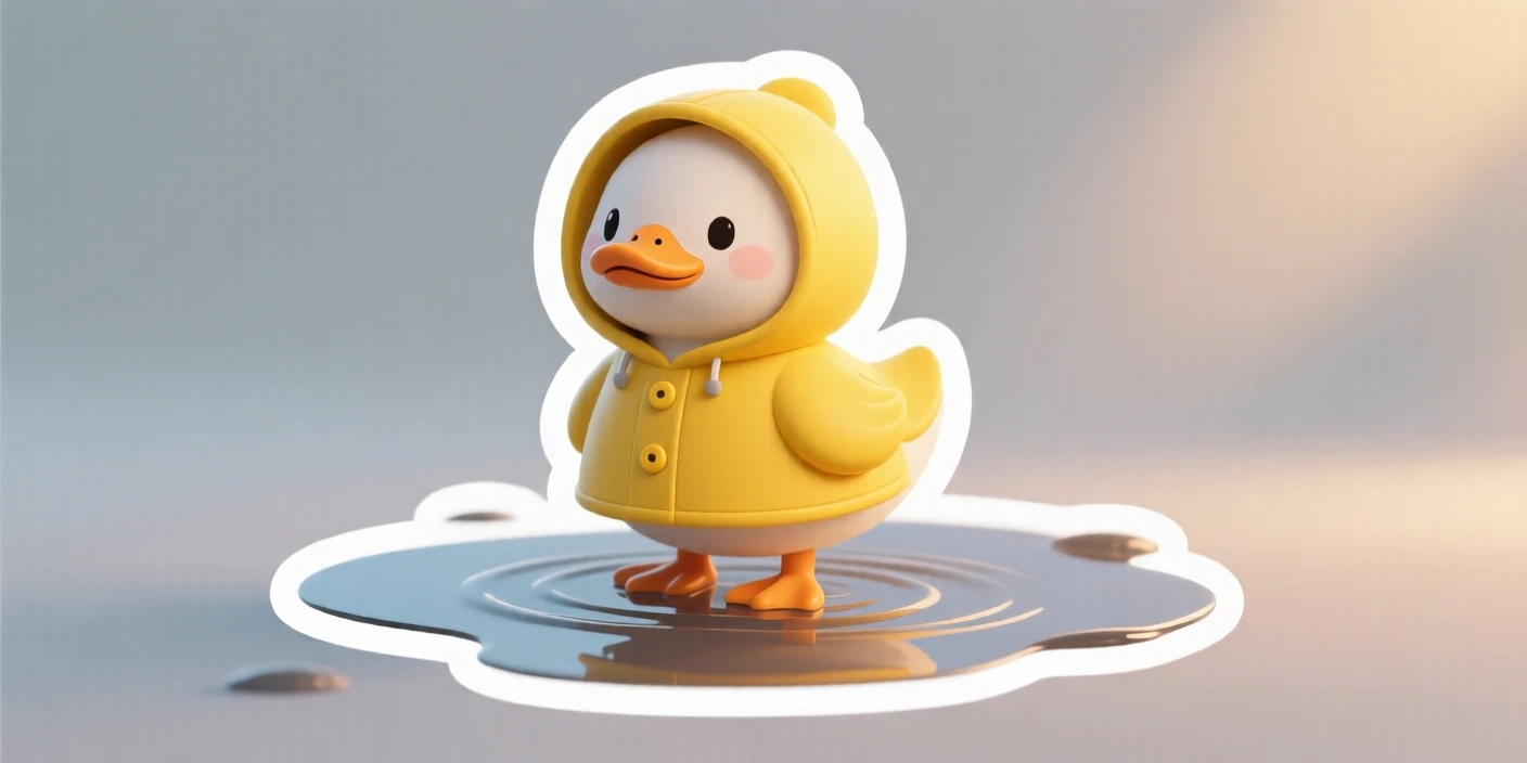 An effortlessly charming duck wearing a tiny raincoat in a puddle, framed in soft cozy lighting, a simple moment that feels universally loved.