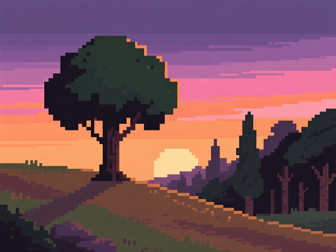 A lone tree on a hill reflecting the colors of a setting sun, at the edge of an ancient, quiet forest.