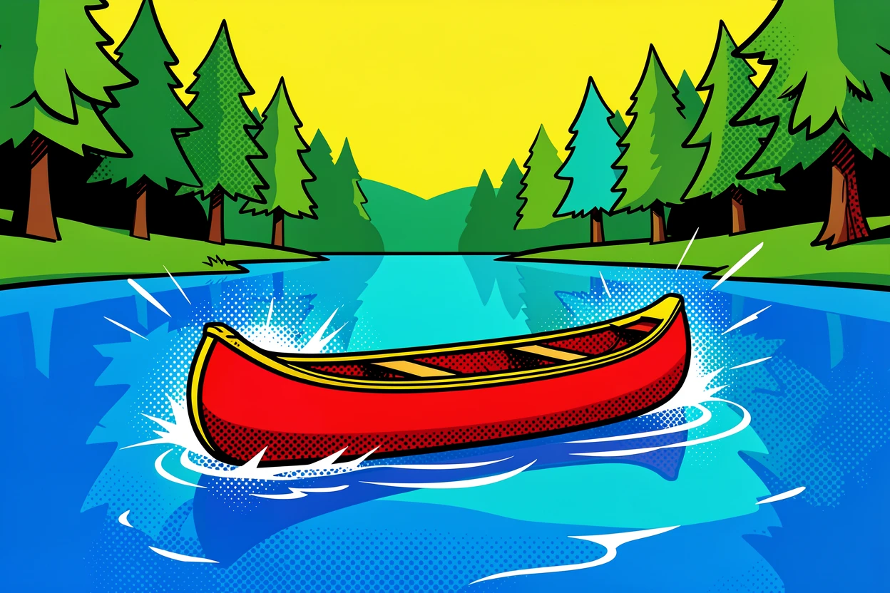A canoe drifting quietly across a still forest lake