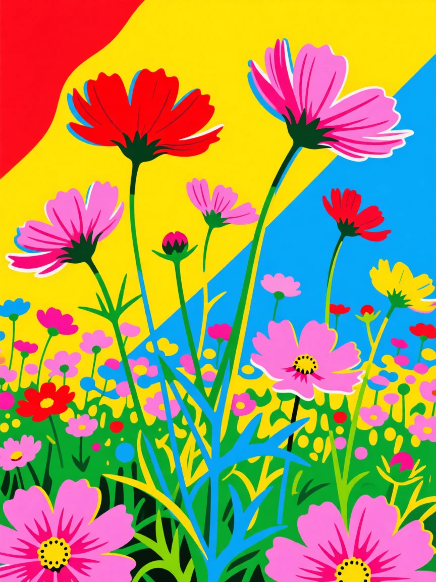 Meadow of cosmos flowers swaying in the wind