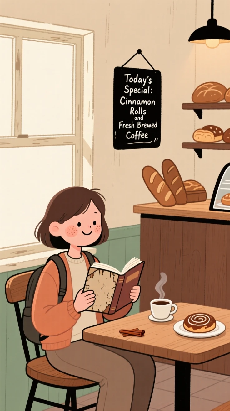 A traveler sits by the window of a small family bakery, reading a worn novel as the smell of fresh coffee and cinnamon fills the air.
