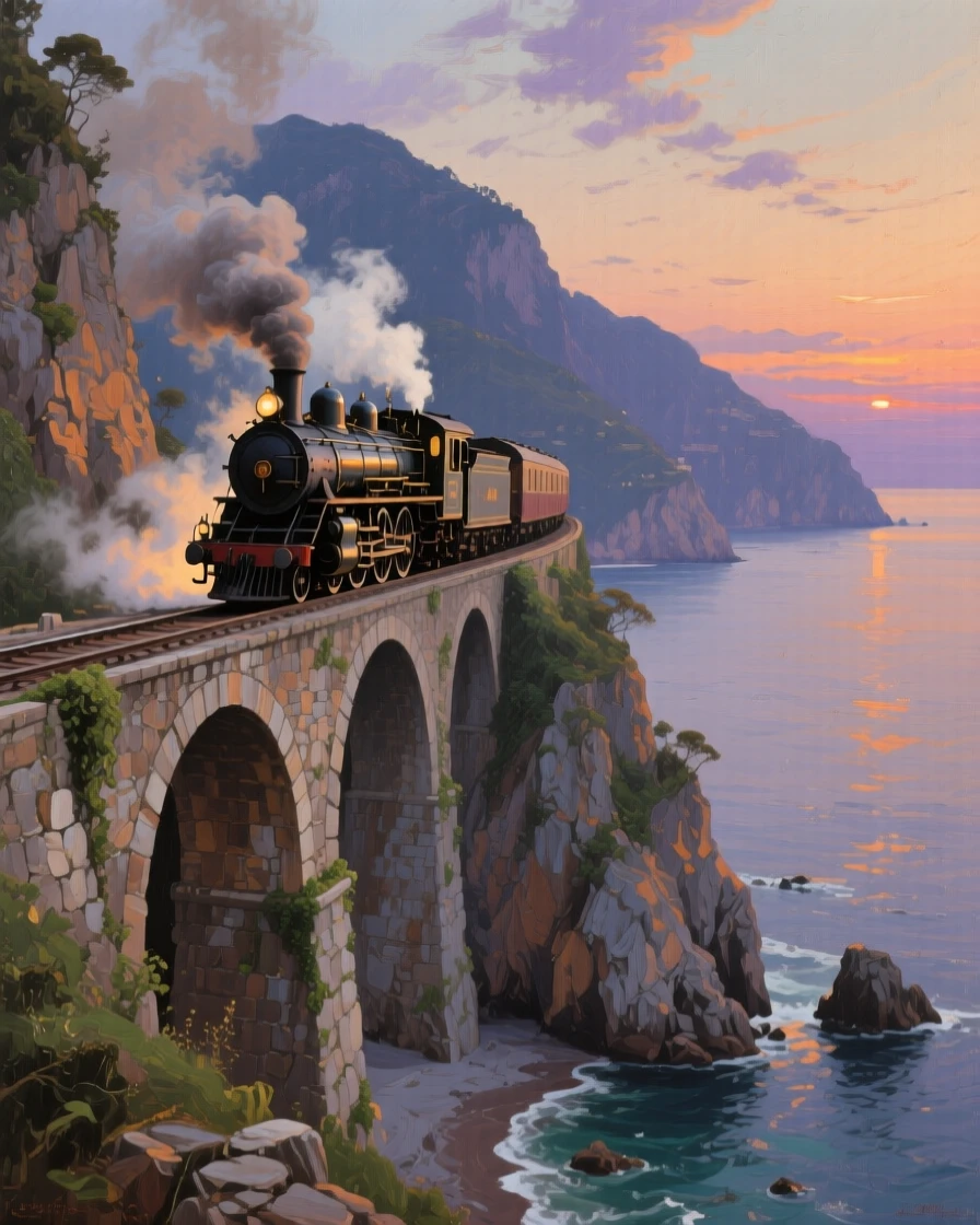 A wide establishing shot of a steam locomotive thundering across a stone viaduct wreathed in smoke, along the Amalfi coast, at twilight.