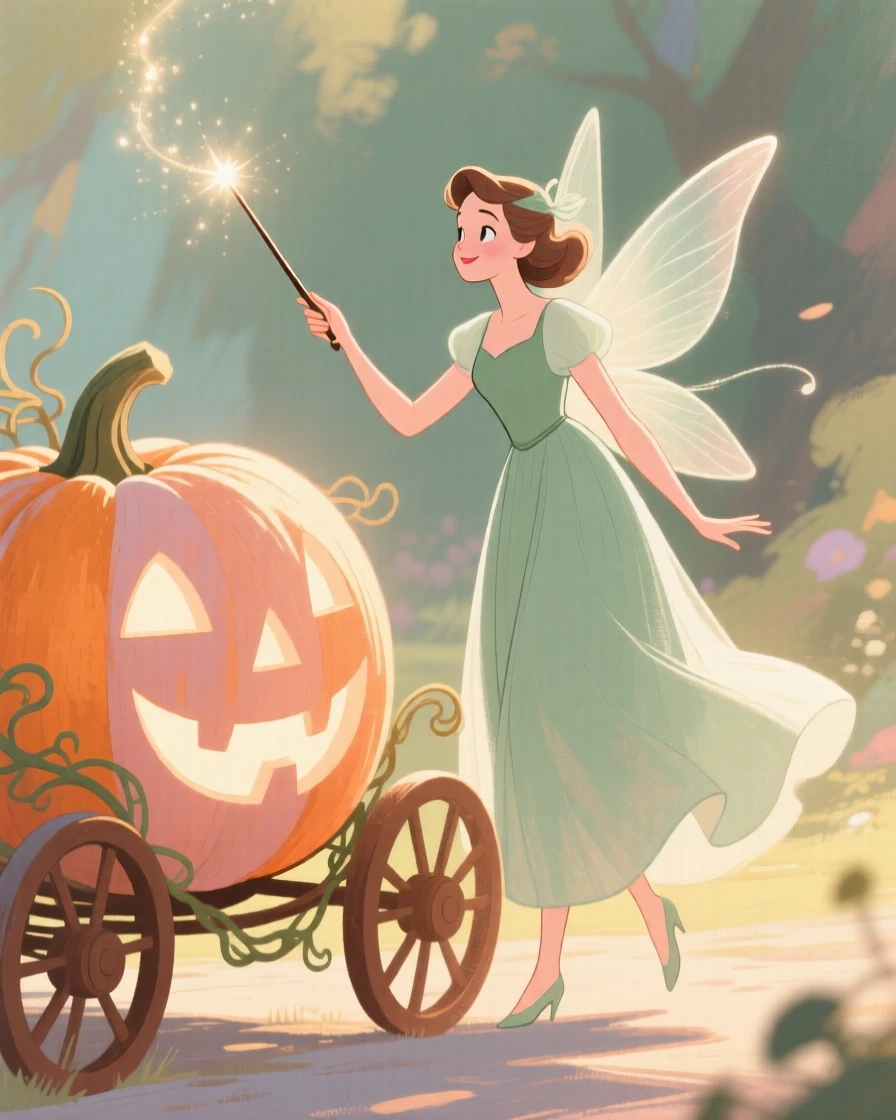 A fairy godmother waving her wand over a pumpkin carriage