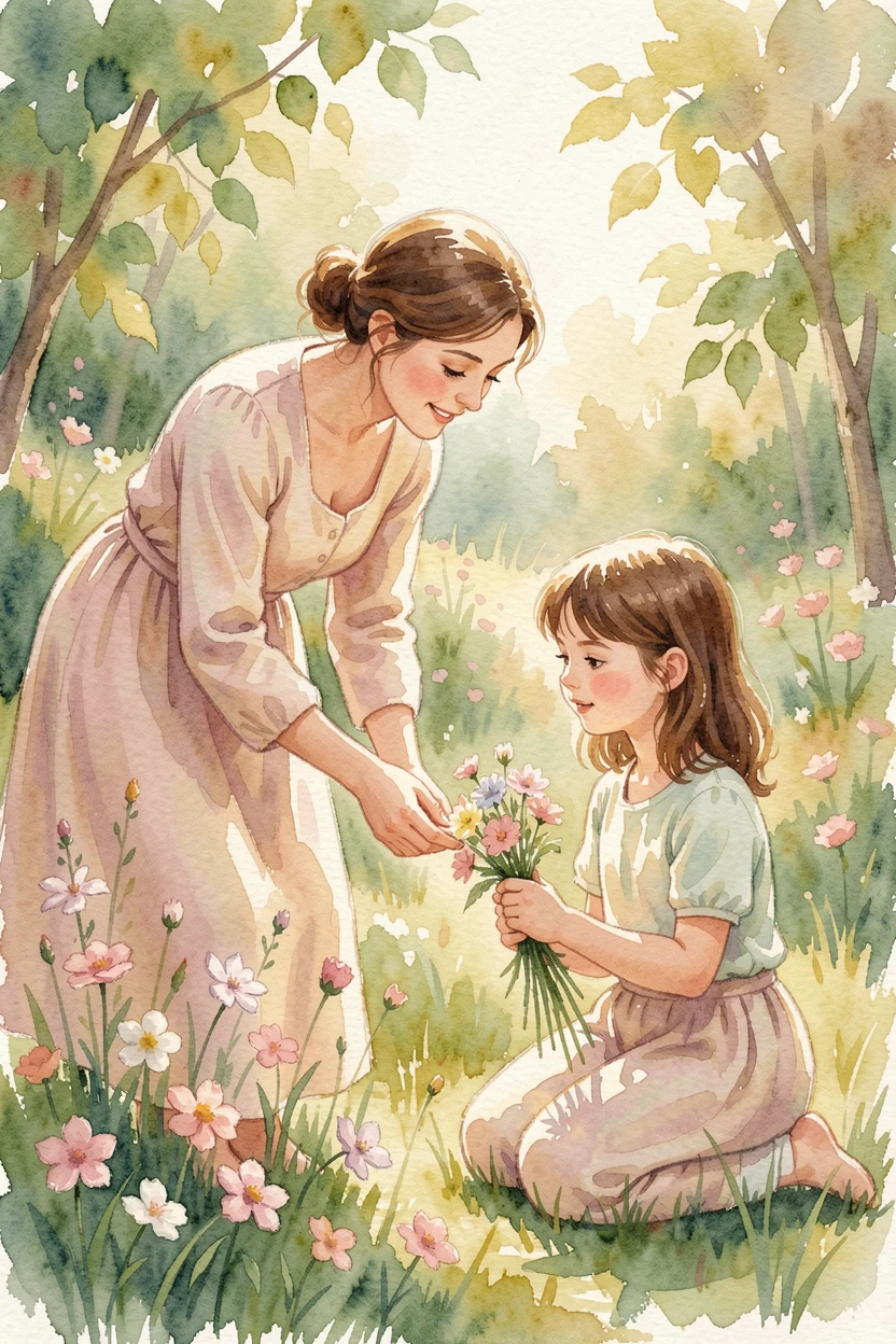 A mother and daughter picking flowers together in a garden in a moment of quiet togetherness.