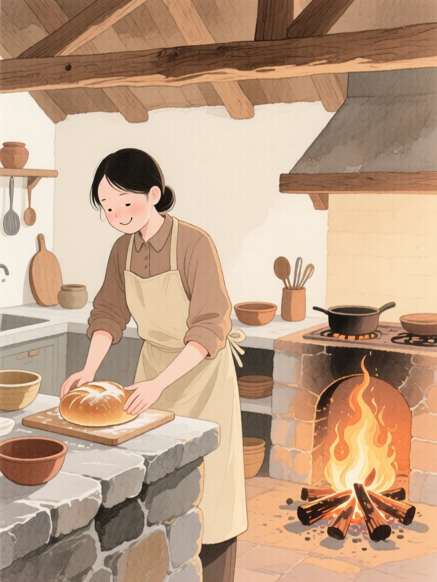 A peaceful scene of someone baking bread in a rustic kitchen beside a crackling campfire, fully absorbed in a quiet, joyful moment
