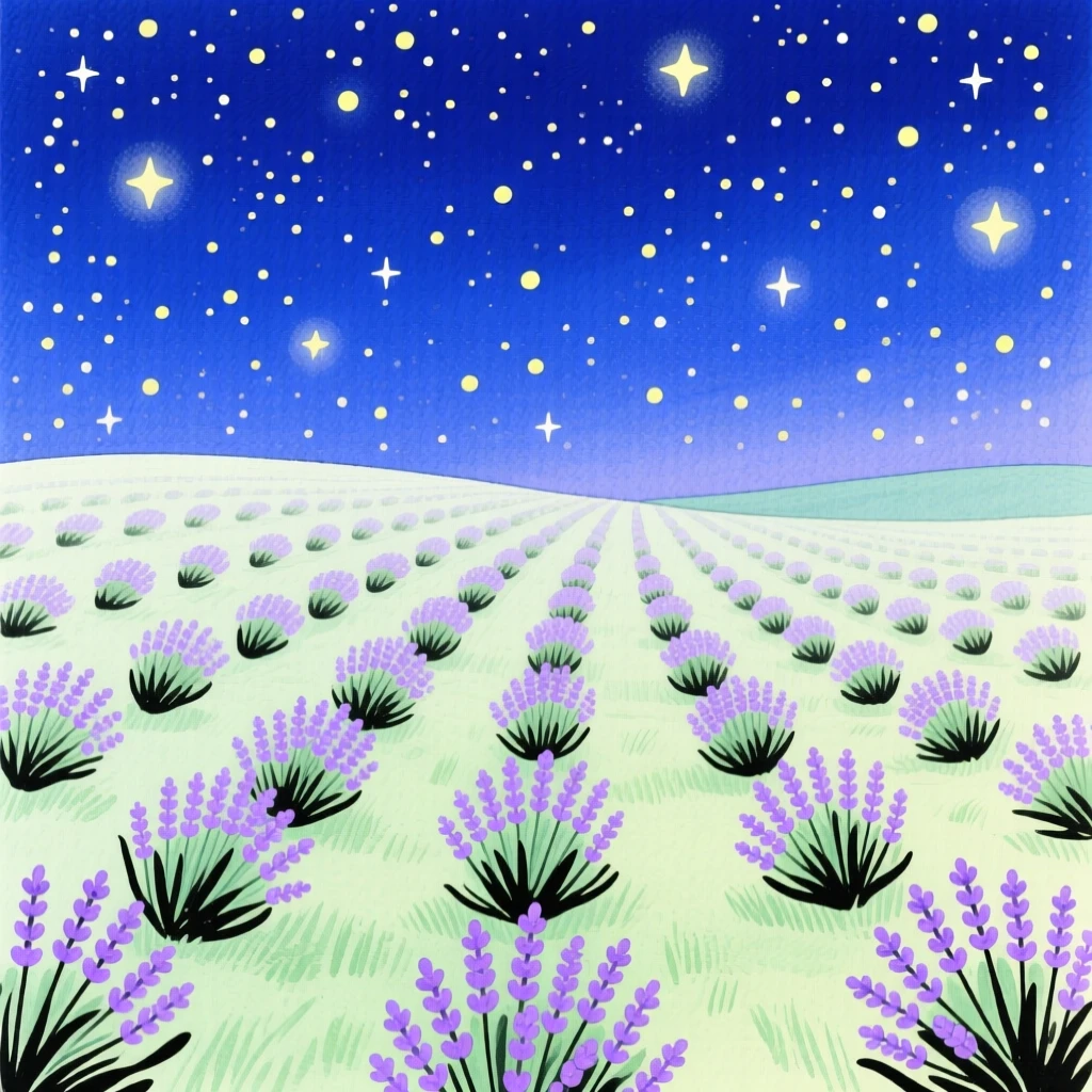 A field of lavender stretching to the horizon, peaceful and vast, beneath a starry night sky.