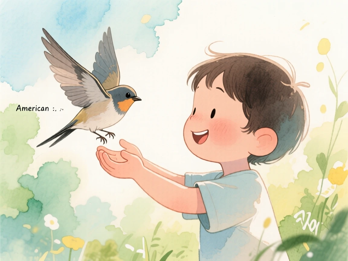 A child releasing a rehabilitated bird back into the wild with a gentle smile, set against a softly blurred, dreamy background, radiating kindness, hope, and heartfelt emotion.