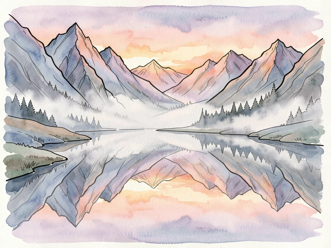 A quiet mountain lake perfectly mirroring the surrounding peaks at dawn, a soft mist clinging to the low ground as the sun begins to rise.